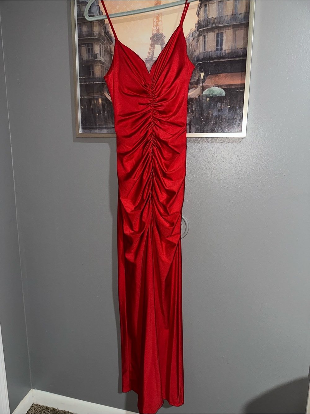 Crystal Doll Red Ruched Satin Maxi Dress
